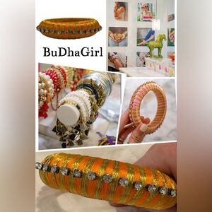 RARE BuDhaGirl Orange Silk Thread & Rhinestone Bangle EUC